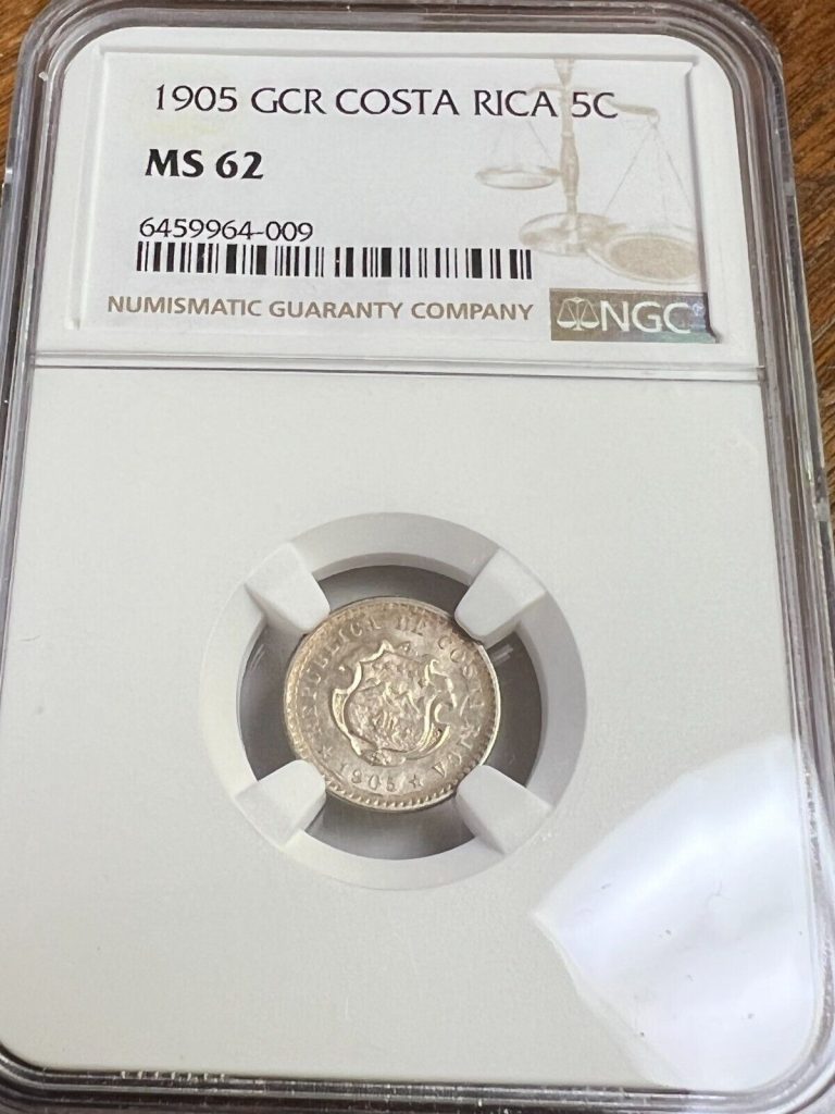 Read more about the article 1905 (P) GCR Costa Rica 5 Centimos silver  KM#145  NGC MS-62