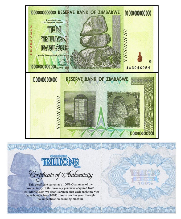 Read more about the article 1 Zimbabwe 10 Trillion  AA/2008  P-88  Circulated 100 Trillion Series CoA USA