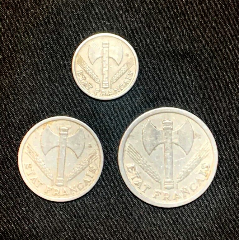 Read more about the article German Occupation Vichy France Coin Lot – 1/2  1   2 Francs Aluminum Coins