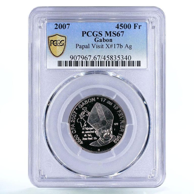 Read more about the article Gabon 4500 francs Holy Father Pope John Paul II Visit MS67 PCGS silver coin 2007