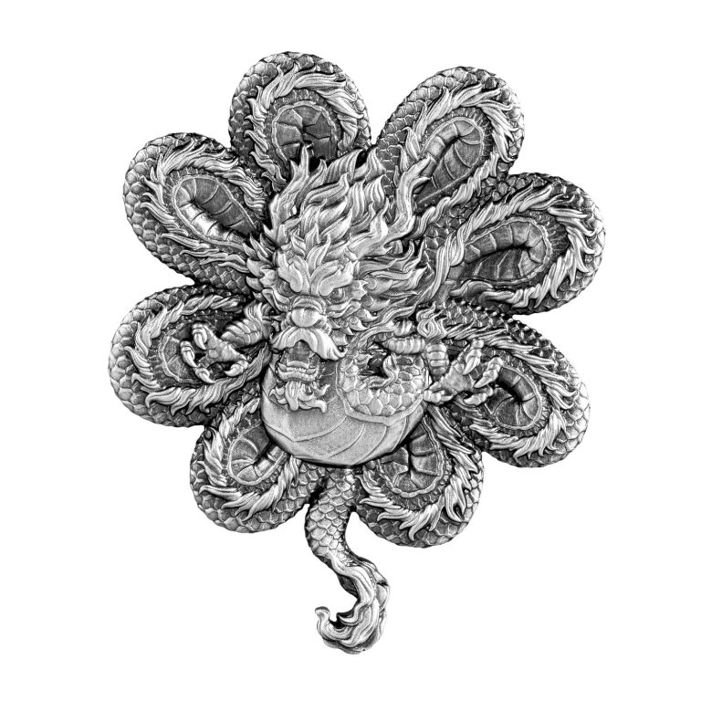 Read more about the article 2023 Chad Four Leaf Clover Dragon Antiqued 1 oz .999 Silver