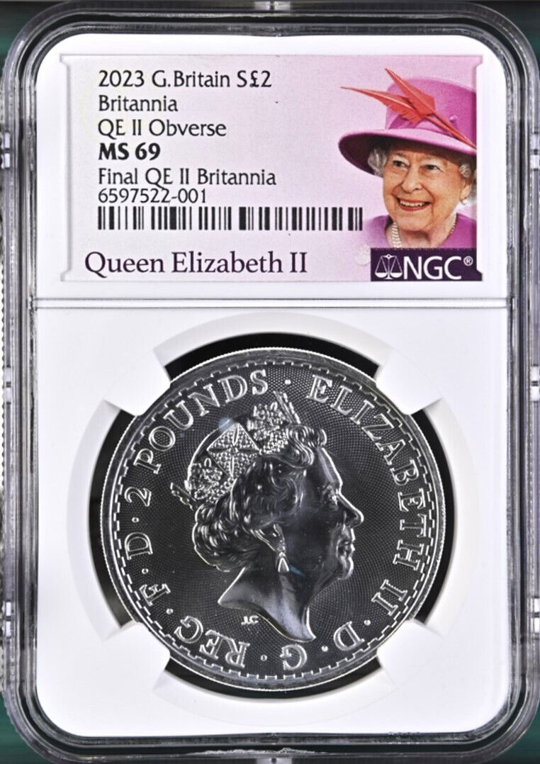 Read more about the article 2023 uk 2 pound final silver britannia with QE II effigy ngc ms69 QE II label