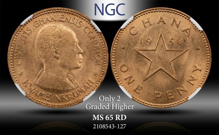 Read more about the article 1958 GHANA 1 PENNY ELIZABETH II NGC MS65RD ONLY 2 GRADED HIGHER #