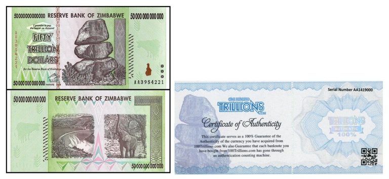 Read more about the article Zimbabwe 50 TRILLION DOLLAR BILL AA/2008 uncirculated 100% COA genuine 1 bill