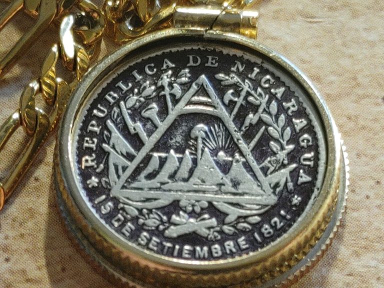 Read more about the article 1887 Rare silver Nicaragua Eye Pyramid coin pendant 24′  18KGF Gold Filled Chain