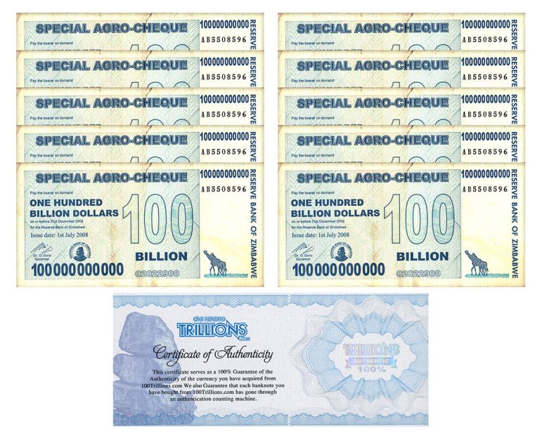 Read more about the article 10 Zimbabwe 100 Billion Special Agro Cheque banknote 2008  P-64 USED COA
