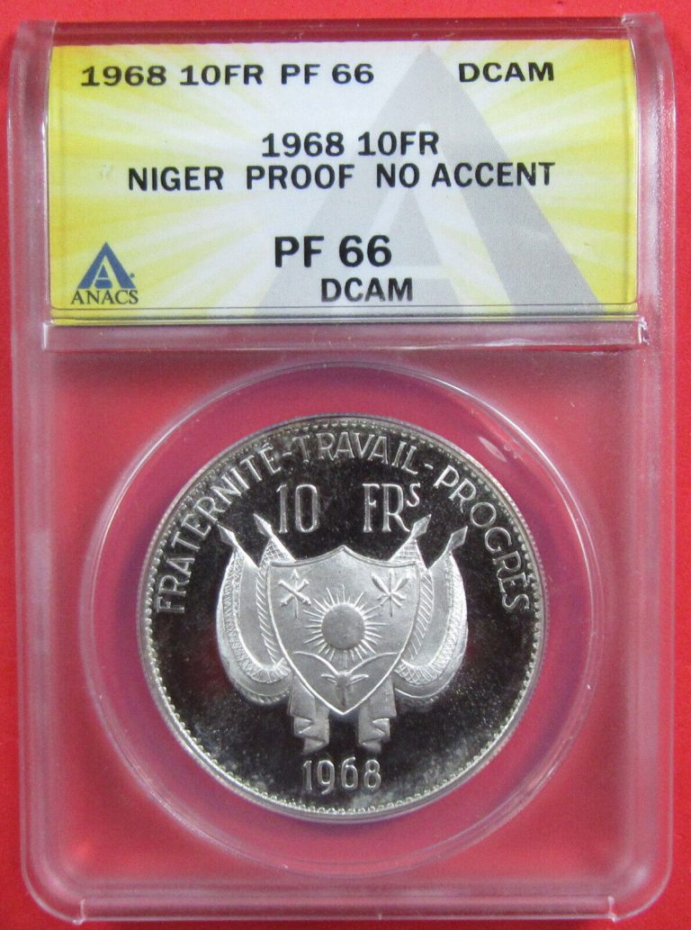 Read more about the article 1968 10FR Niger Proof No Accent PF66 DCameo. Pretty proof coin.  (123160)