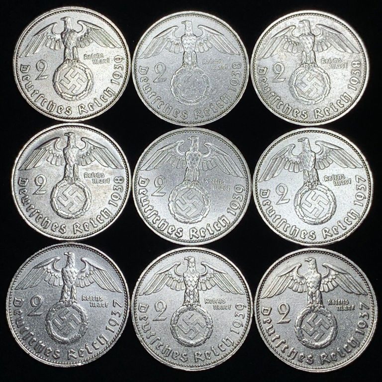 Read more about the article 9 Coin Lot Rare Third Reich WW2 German 2 Reichsmark Hindenburg Silver Coins