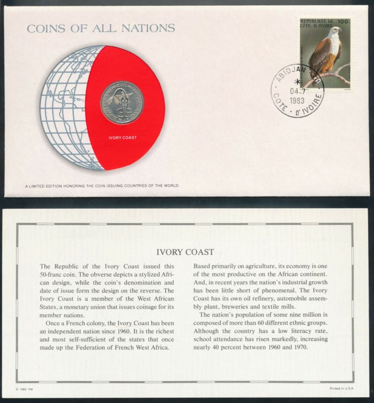 Read more about the article Ivory Coast 1982 50 Francs Franklin Mint Coins of all Nations Coin and Stamp COA