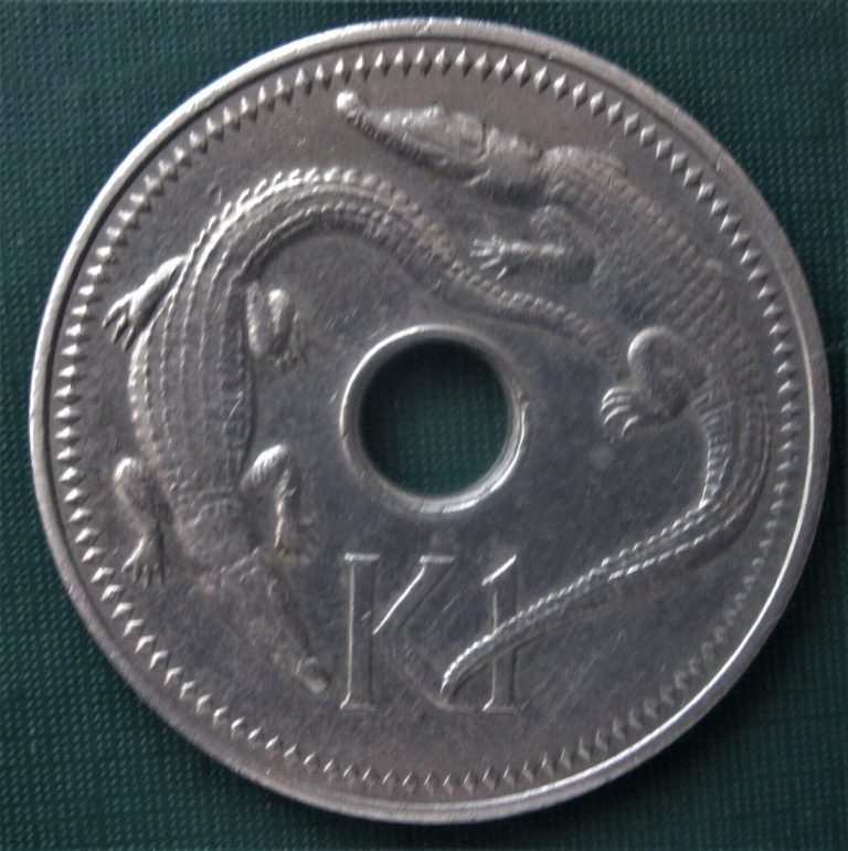 Read more about the article NEW GUINEA – PAPUA 1975  One Kina Dollar Crocodiles and Hole Coin  LOW SHIP