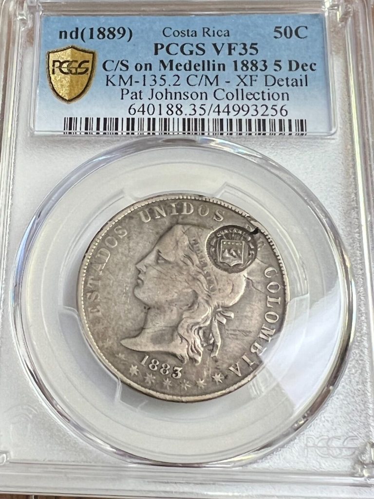Read more about the article (1889) Costa Rica 50c C/S on 1883 Colombia 5 Decimos  PCGS VF-35  Ex-Pat Johnson