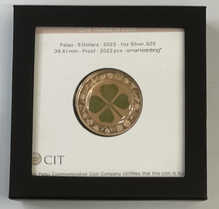 Read more about the article 2022 Palau 4 LEAF CLOVER Ounce of Luck St Patrick’s Day Silver Proof Coin $5 UNC