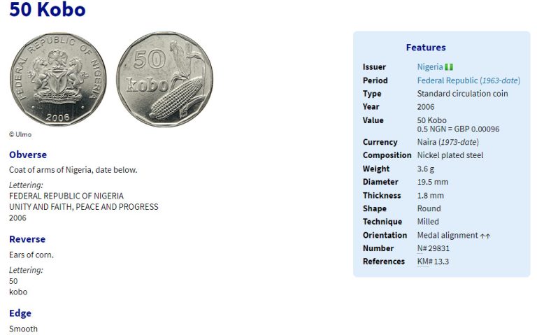 Read more about the article Nigeria coins f.list 2 1 Naira 50 Kobo 2006 UNC bimetallic corn palace bust Afri