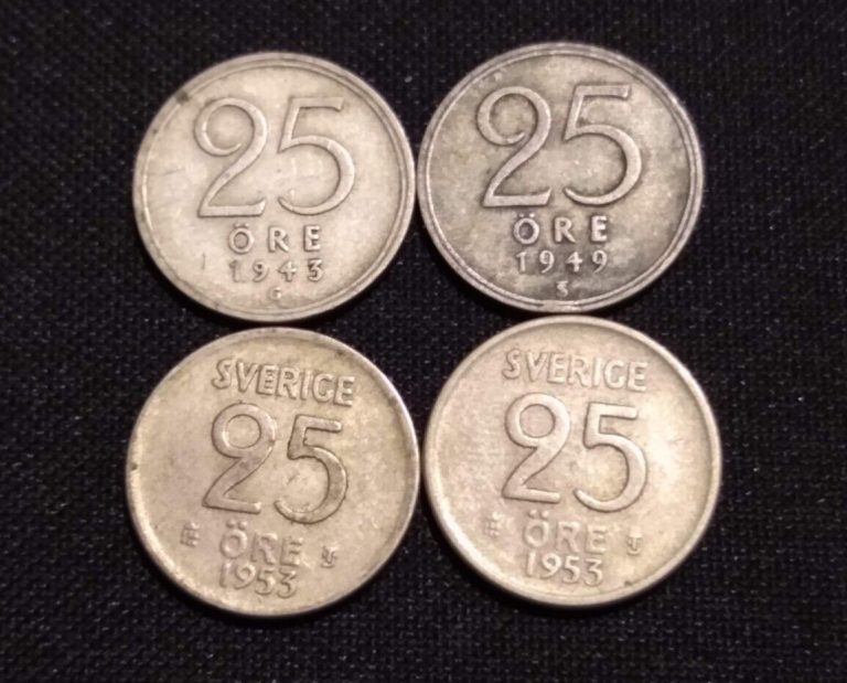 Read more about the article 4x sweden 25 ore quarter of 1 krona european silver type coins 1943 1949 1953