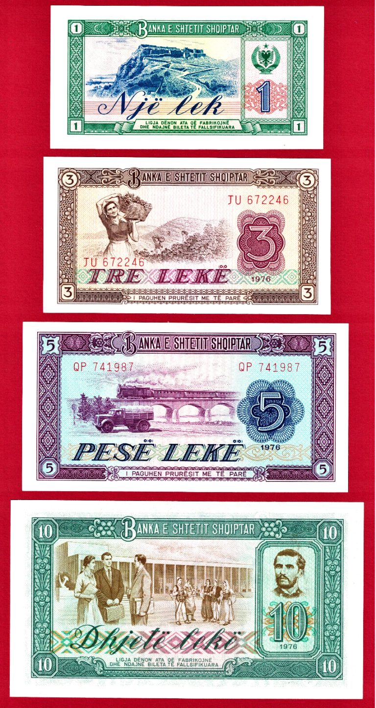 Read more about the article 1976 ALBANIA UNC BANKNOTES – 1 Nje Lek  3 Tre Leke  5 Pese Leke and 10 Dhjete Leke