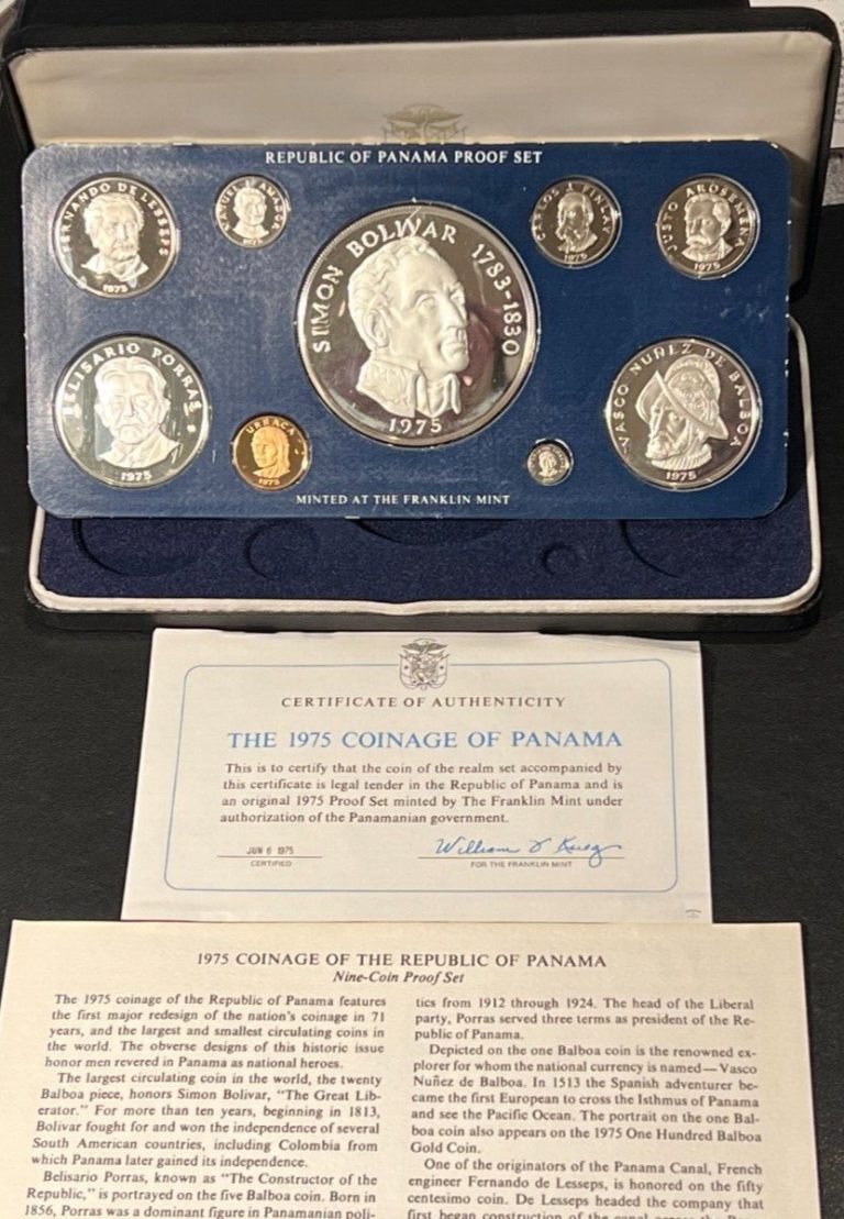 Read more about the article 1975 Panama 9-Coin Franklin Mint Proof Set COA – Silver 20  5  and 1 Balboa (.925)