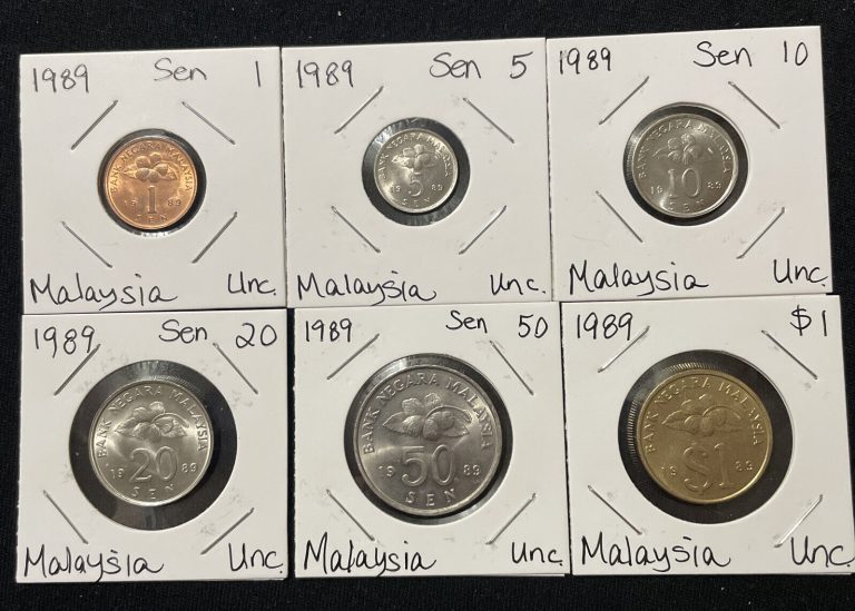 Read more about the article 1989 MALAYSIA 🇲🇾 – 6 Uncirculated Coins Set – 1 Sen To 50 Sen and $1 Coin.