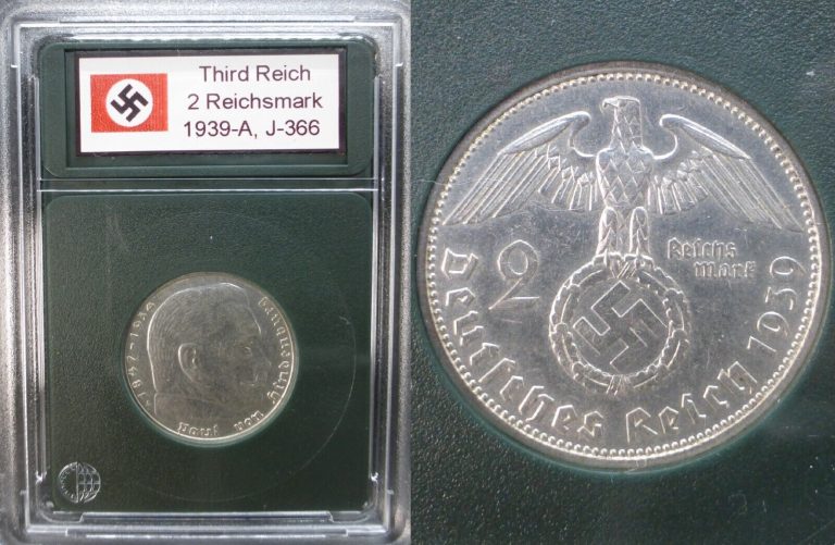 Read more about the article Nazi Silver Coin 2 Reichsmark 1937-39 Swastika Third Reich *w/ Case* WW2 Germany