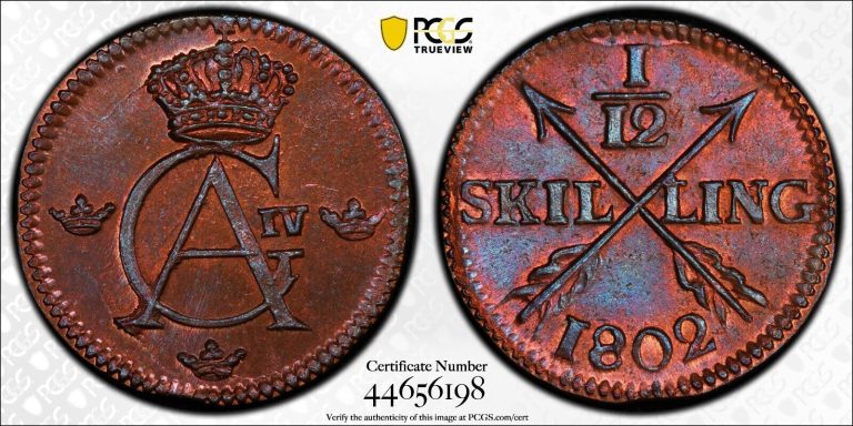 Read more about the article Toned 1802 Sweden 1/12 Skilling | PCGS MS65RB