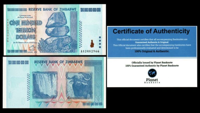 Read more about the article Zimbabwe 100 Trillion Dollars 2008 AA P-91 Banknote New UNC Zim Currency w/COA