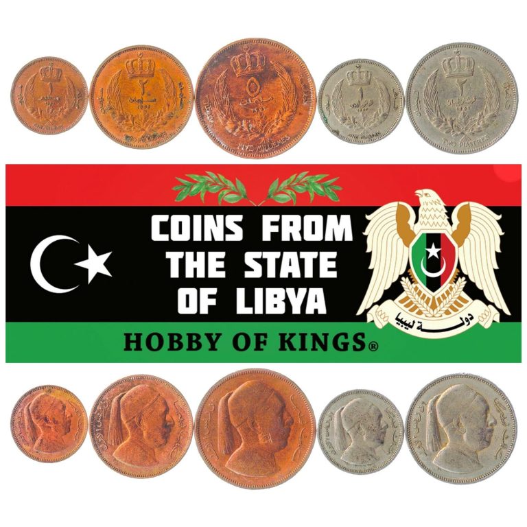 Read more about the article Set 5 Coins Libya 1 2 5 Milliemes 1 2 Piastres (Qirsh) Money 1952