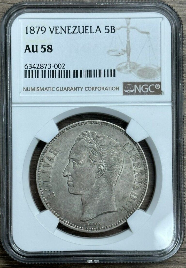 Read more about the article VENEZUELA 1879 5 BOLIVARES GEM GREAT SILVER COIN NGC AU 58 BOLIVAR FREEMASON