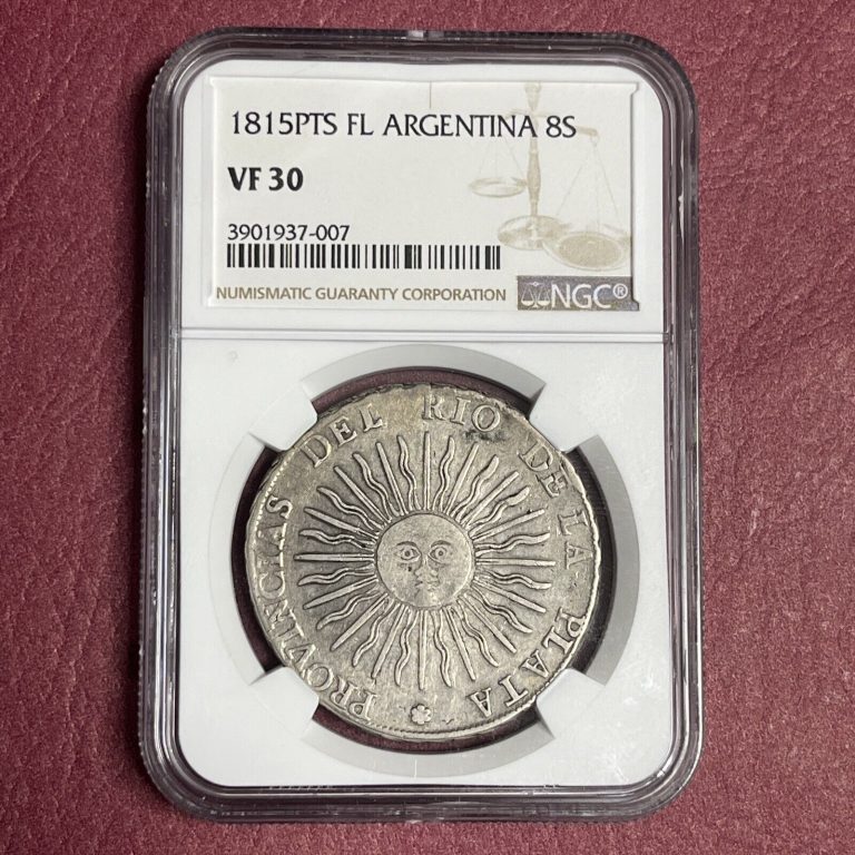 Read more about the article Argentina 8 Soles 1815 PTS FL Graded NGC VF 30 size of 8 reales