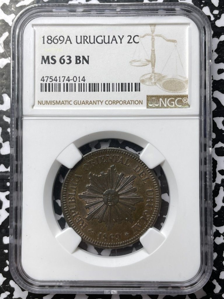 Read more about the article 1869-A Uruguay 2 Centesimos NGC MS63BN Lot#G2840 Choice UNC! Sunface