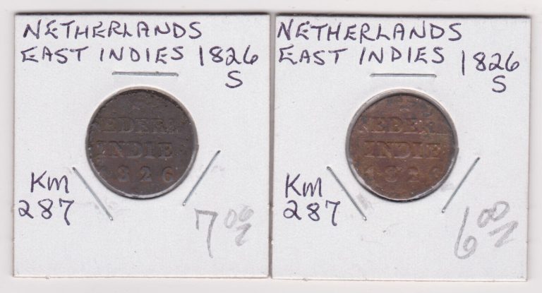 Read more about the article Netherlands East Indies 1/4 stuiver 1826S bronze 20.4 mm diameter. Choice of 2