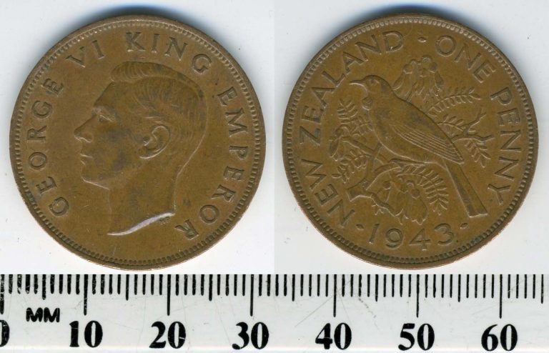 Read more about the article New Zealand 1943 – 1 Penny Bronze Coin – King George VI – Tui bird – WWII
