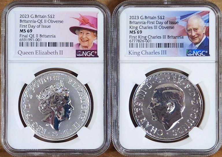 Read more about the article 2 coin set 2023 2 pound silver britannia QE II and KC III effigy ngc ms69 fdoi