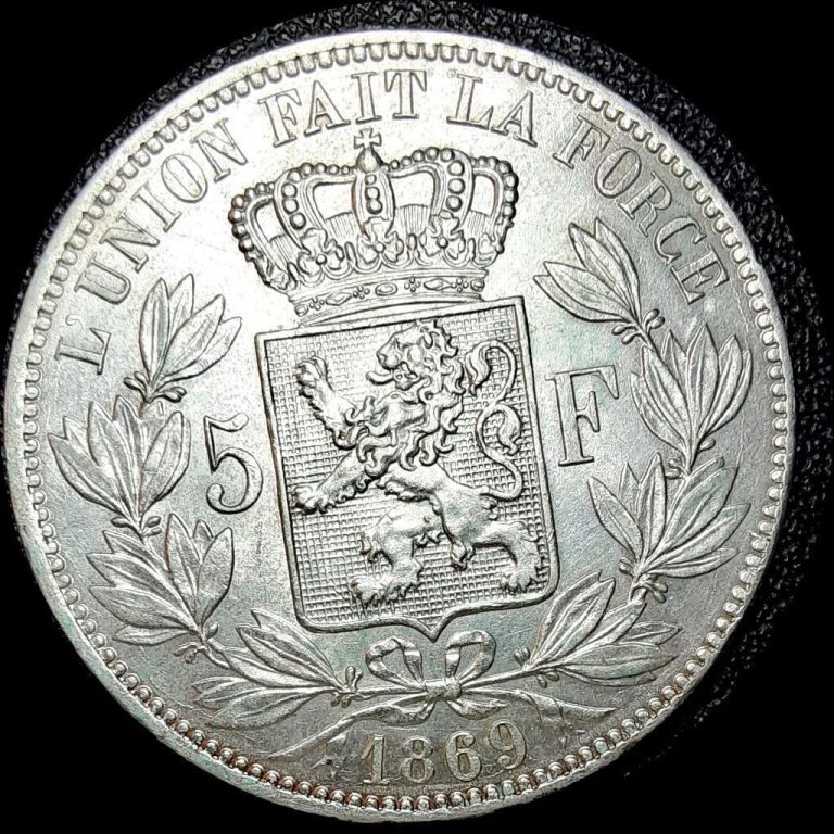 Read more about the article Belgium 1869  5  francs  BIG old silver world coin HIGH GRADE #4194