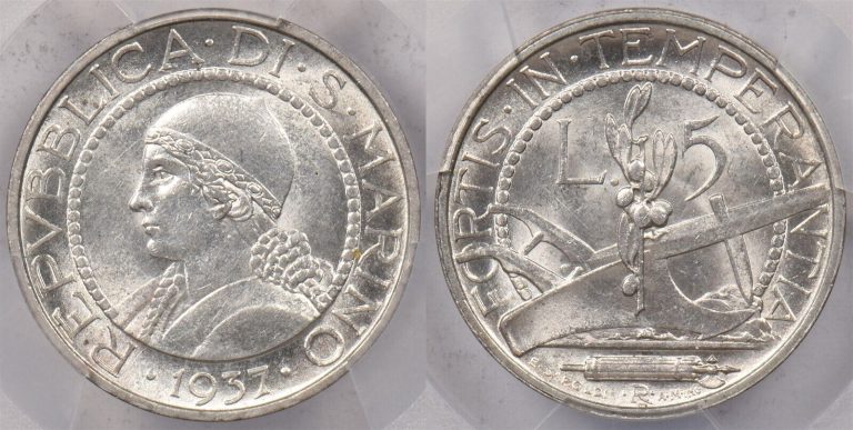 Read more about the article San Marino 1937 R 5 Lire PCGS MS 63 PI0168 combine shipping