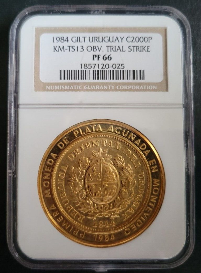 Read more about the article RARE **TRIAL STRIKE** 1984 Uruguay Copper Gilt C2000P Pesos KM-TS13 OBV NGC PF66