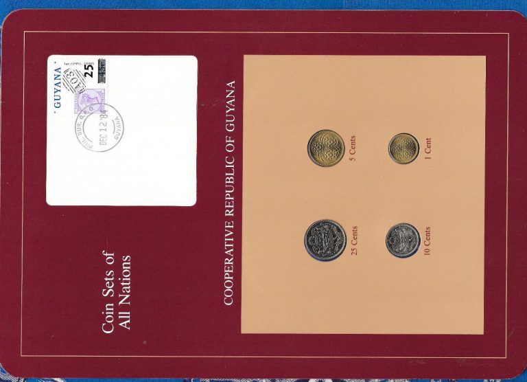 Read more about the article Coin Sets of All Nations Guyana wcard UNC 25 10 5 cents 1985 1 cent 1982 DEC1284