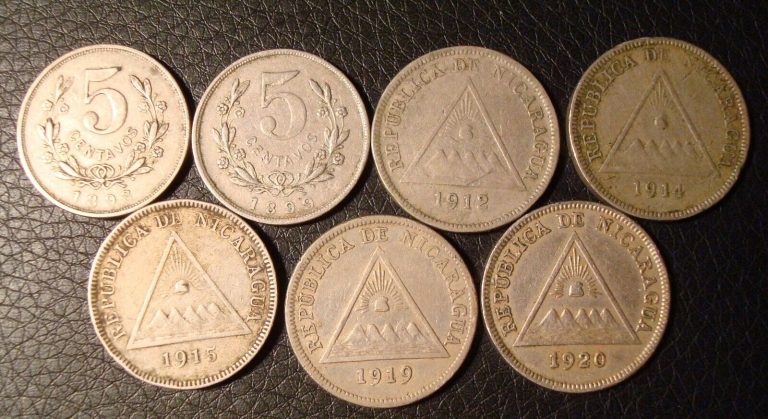 Read more about the article Nicaragua 5 centavos 7 coin lot 1898  1899  1912  1914  1915  1919 and 1920