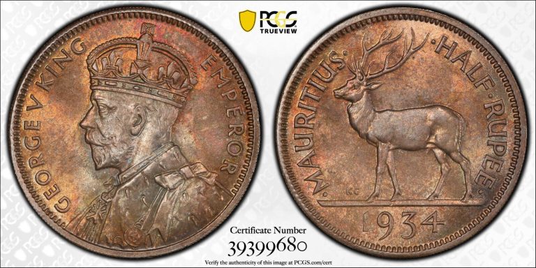 Read more about the article Mauritius  1934 George V 1/2 Rupee. PCGS MS 65. 1 000 000 Mintage.