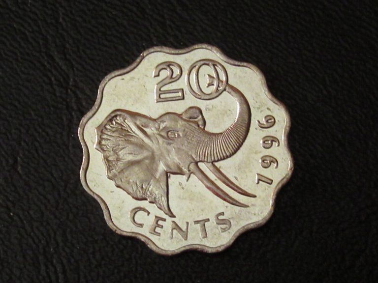 Read more about the article 1996 Swaziland 20 Cent ELEPHANT scallpped  shape  nice unc coins ebayship