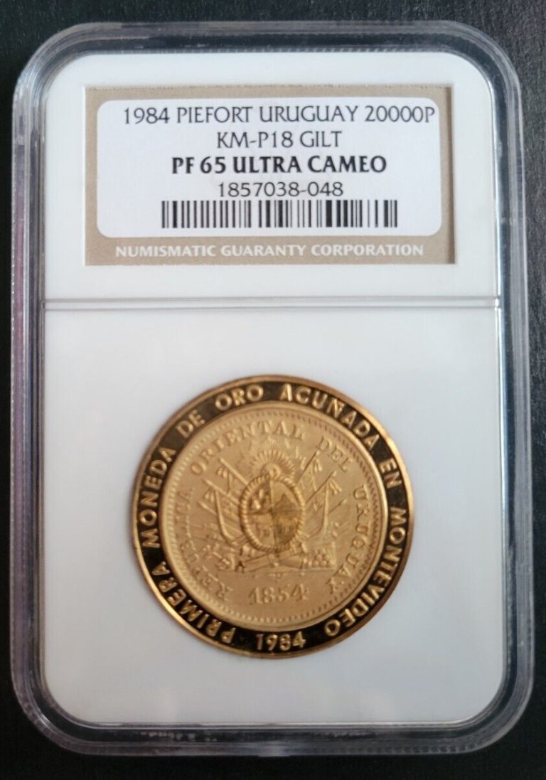 Read more about the article RARE ** PIEFORT ** 1984 Uruguay Copper Gilt 20000 P Pesos KM-P18 NGC PF 65 UC