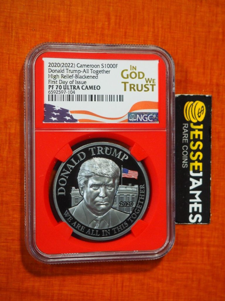 Read more about the article 2020 (2022) CAMEROON PROOF BLACKENED SILVER DONALD TRUMP NGC PF70 FDI 1 OZ .999