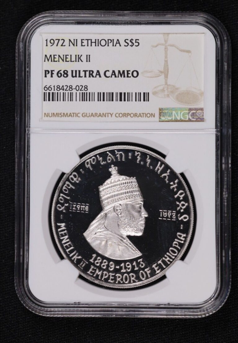 Read more about the article 1972 ETHIOPIA NI MENELIK II $5 SILVER COIN – NGC PF 68 ULTRA CAMEO