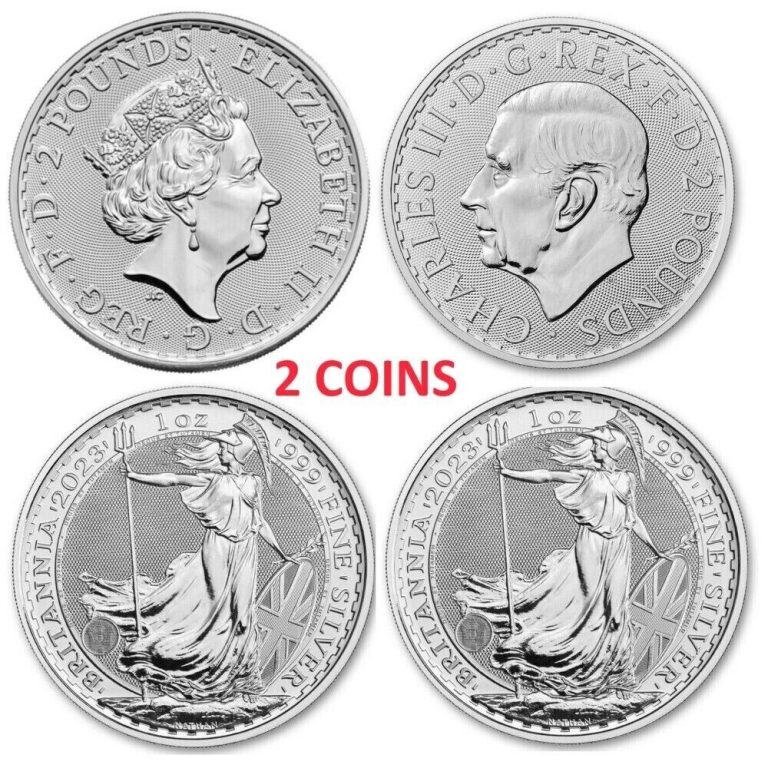 Read more about the article Lot of 2 – 2023 U.K. 2 Pound 1 oz .999 Fine Silver King and Queen Britannia BU