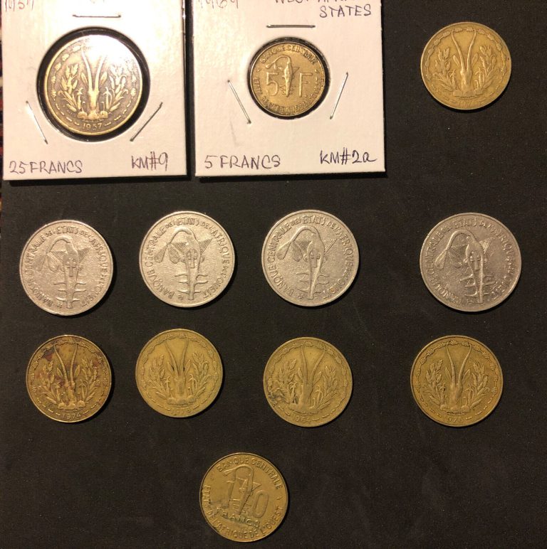 Read more about the article 1957-1987 Lot Of 12 West Africa 5 10 25 100 Francs Collectible Coins