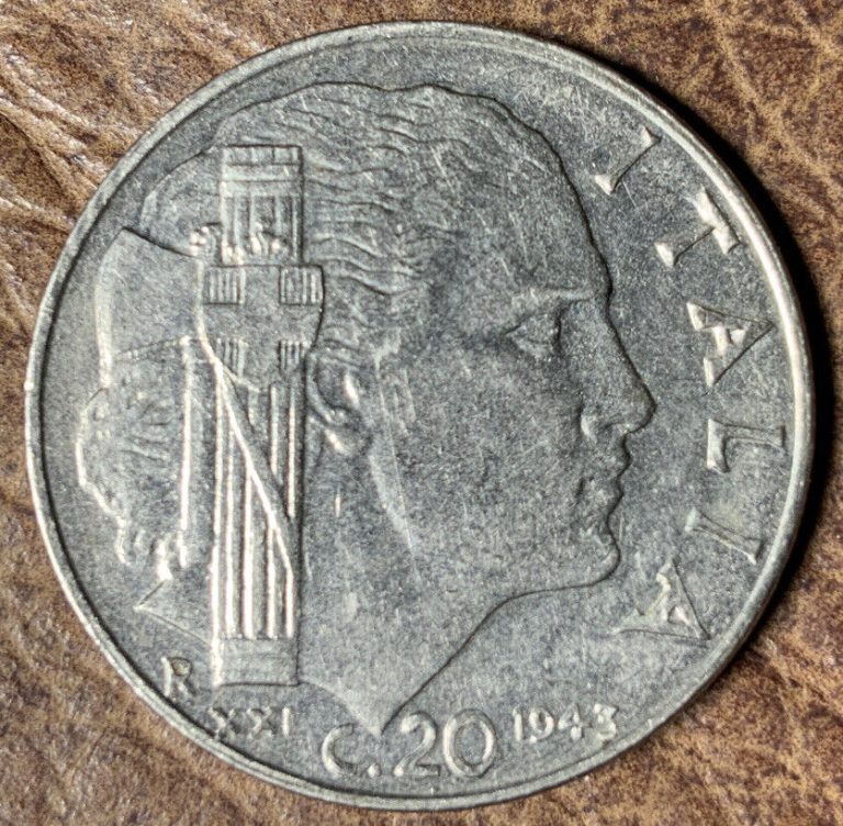 Read more about the article World WarII Coins: 1 – Italia Fascist Era 20-centesimi coin 1943