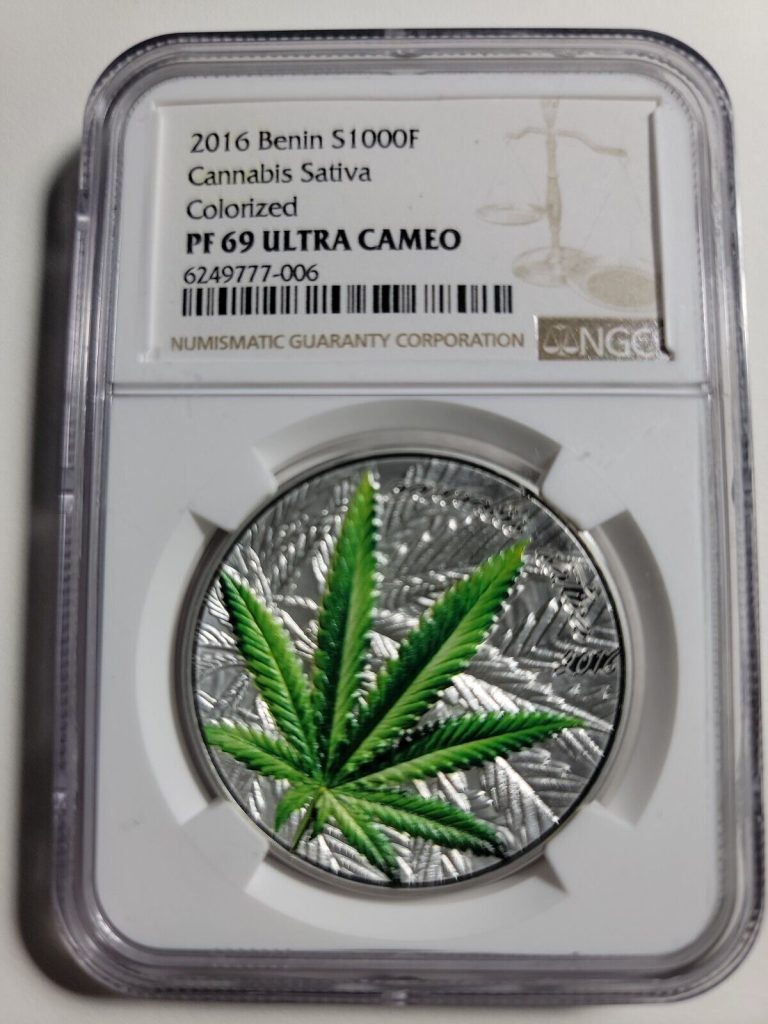 Read more about the article 2016 BENIN PROOF SILVER COLORIZED CANNABIS SATIVA NGC PF69