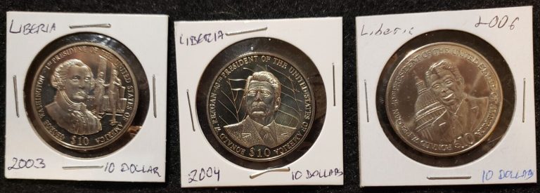 Read more about the article Lot of 3 Liberia $10 coins: 2003 Washington  2004 and 2006 Reagan. Uncirculated