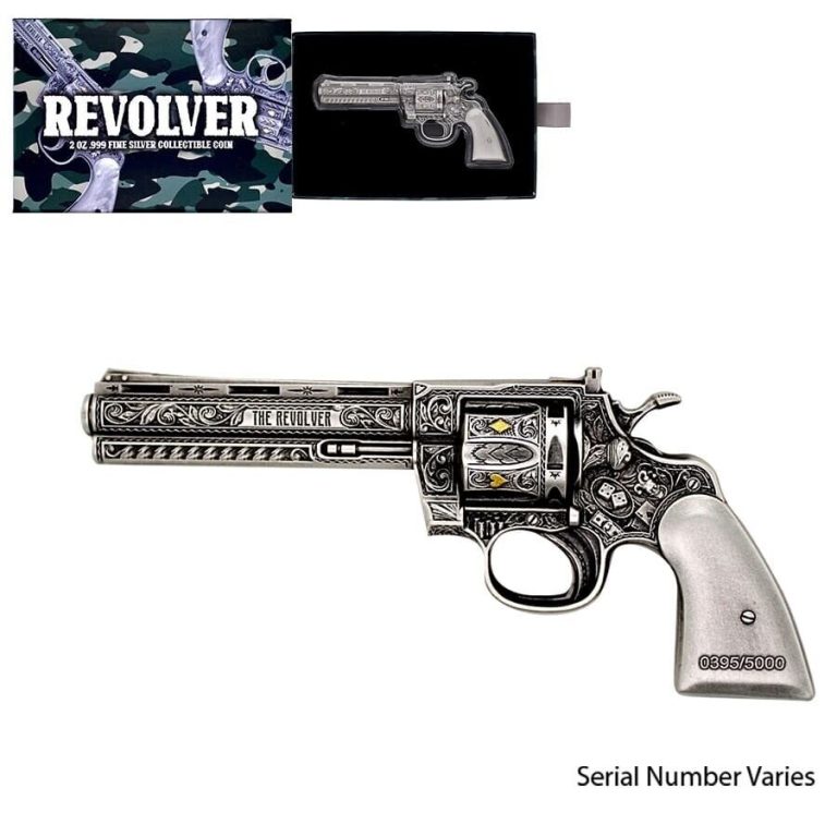 Read more about the article 2023 Chad 2 oz Silver Revolver Gun Shaped Antiqued High Relief Coin .999 (w/Box)