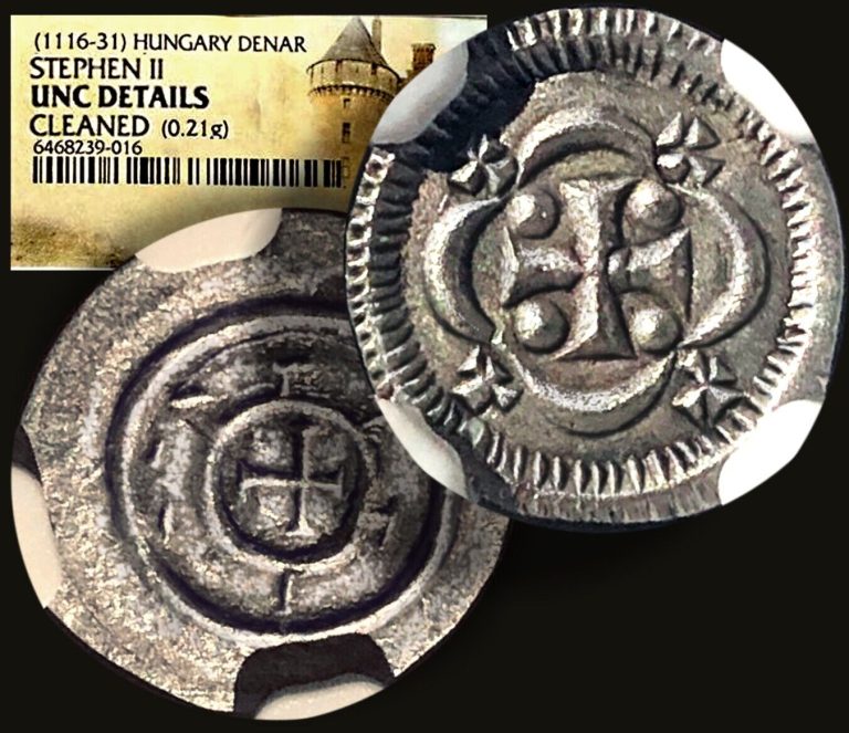 Read more about the article STEPHEN II.  King of Hungary 1116-1131 Æ SILVER Denar Coin NGC-UNC + COA GGcoins