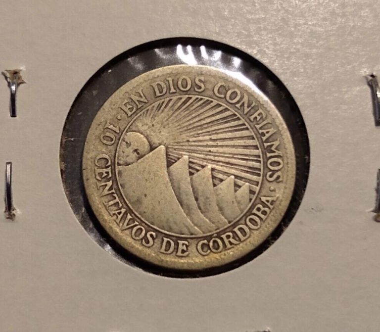 Read more about the article 1928 nicaragua 10 centavos de cordoba sun and 5 mountain peaks silver coin