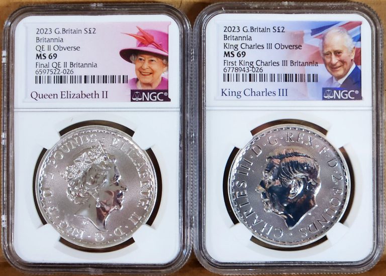 Read more about the article 2 coin set 2023 uk 2 pound silver britannia QE II and KC III effigy ngc ms69